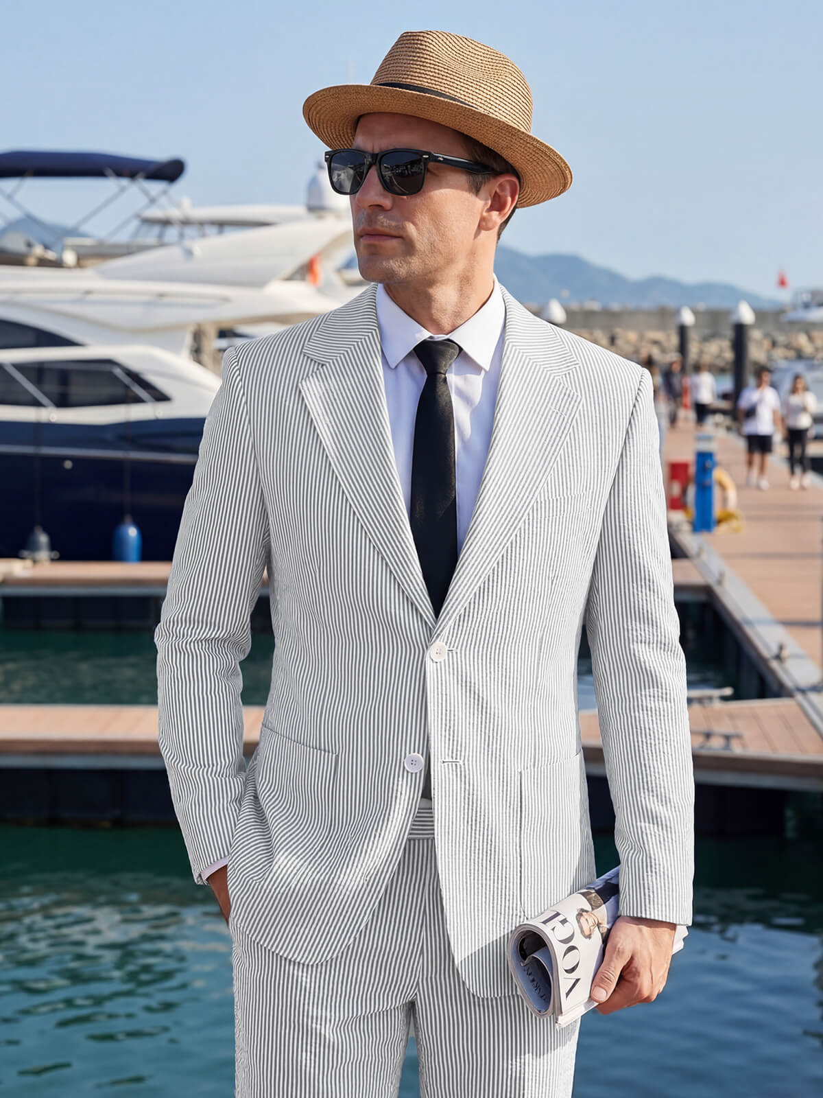 Men’s Pinstripe Seersucker Suit – Lightweight Summer Wedding Suit for Beach & Outdoor Events