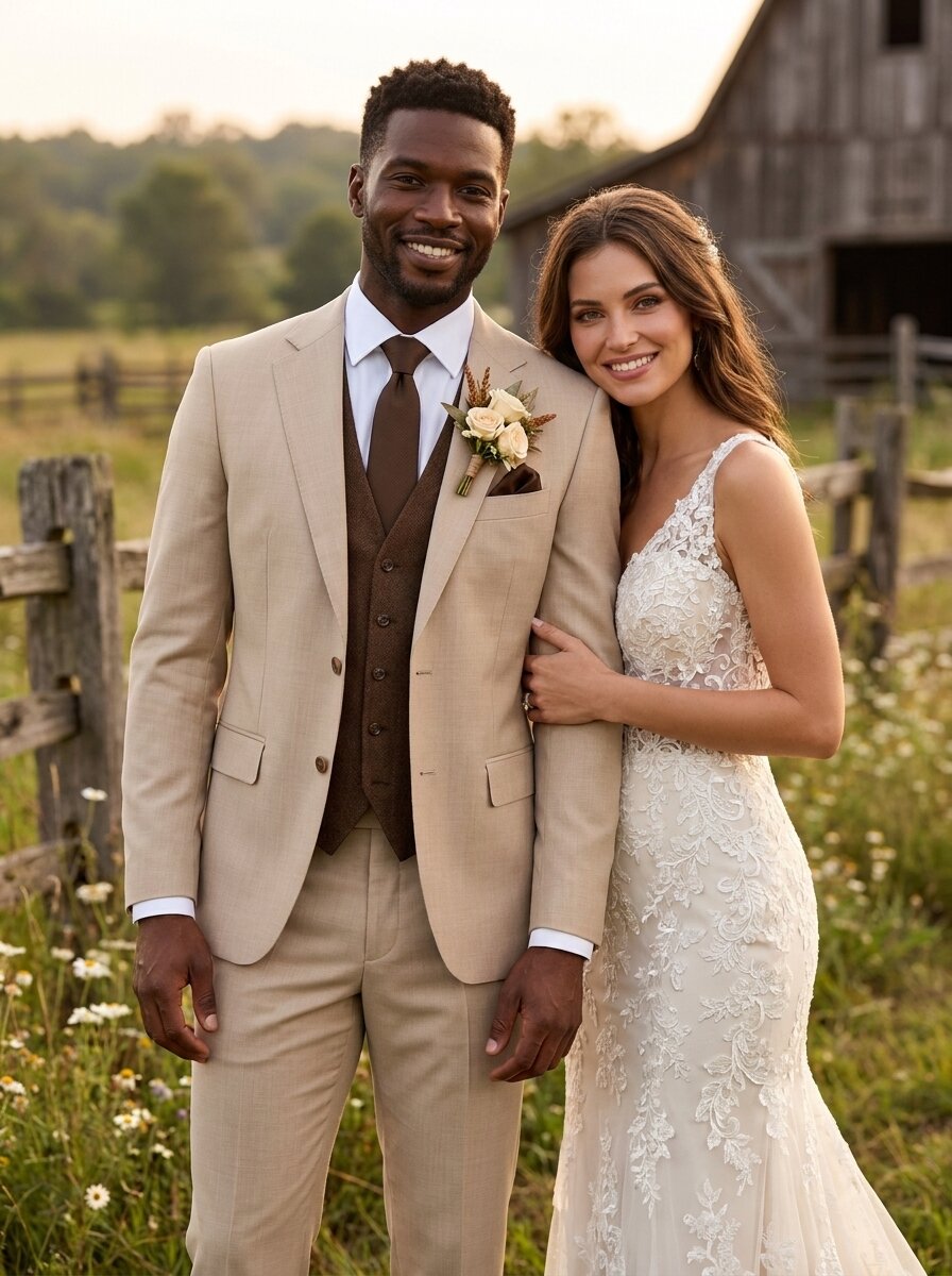 Men’s Beige & Chocolate Brown 3 Piece Wedding Suit