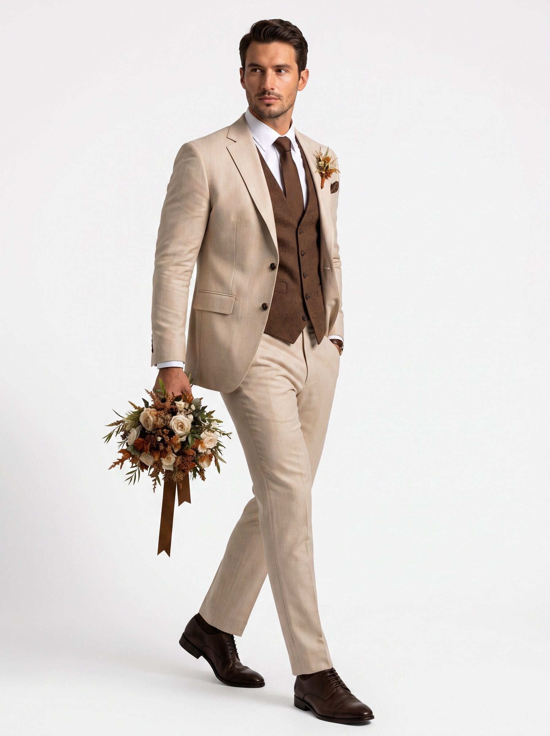 Men’s Beige & Chocolate Brown 3 Piece Wedding Suit