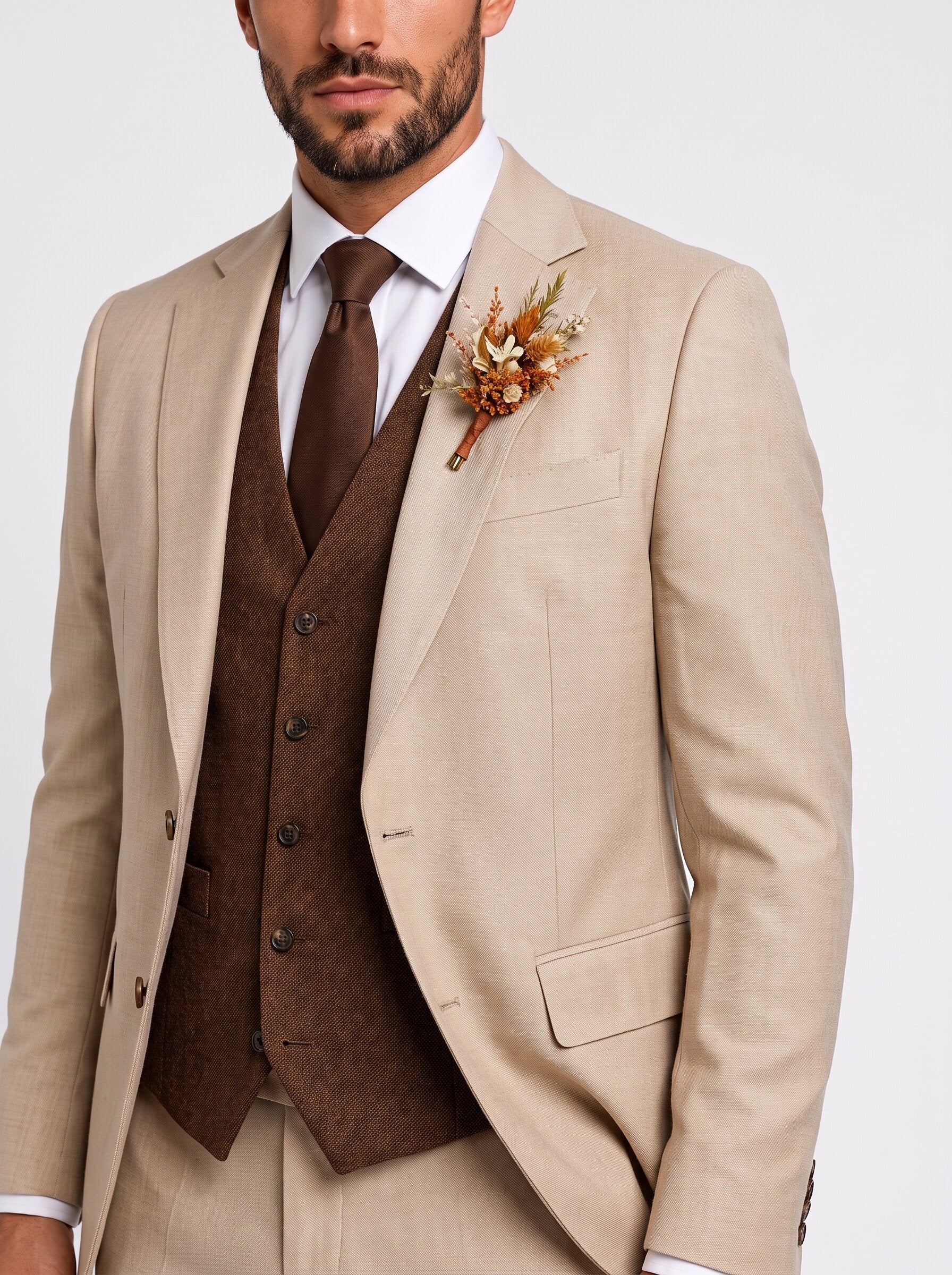 Men’s Beige & Chocolate Brown 3 Piece Wedding Suit