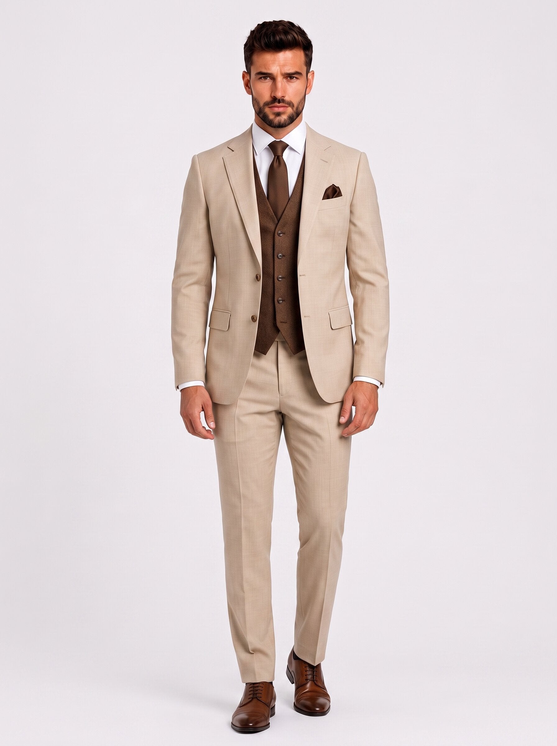 Men’s Beige & Chocolate Brown 3 Piece Wedding Suit