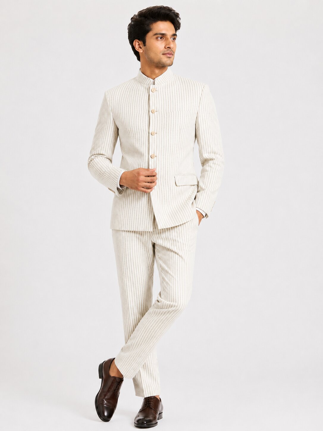 Beige Seersucker Nehru Suit
