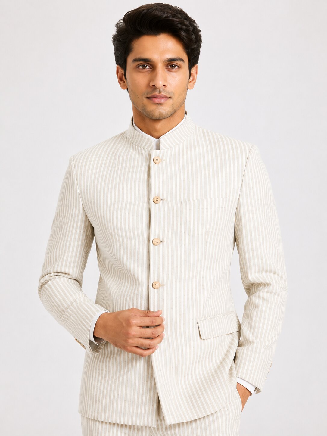 Beige Seersucker Nehru Suit