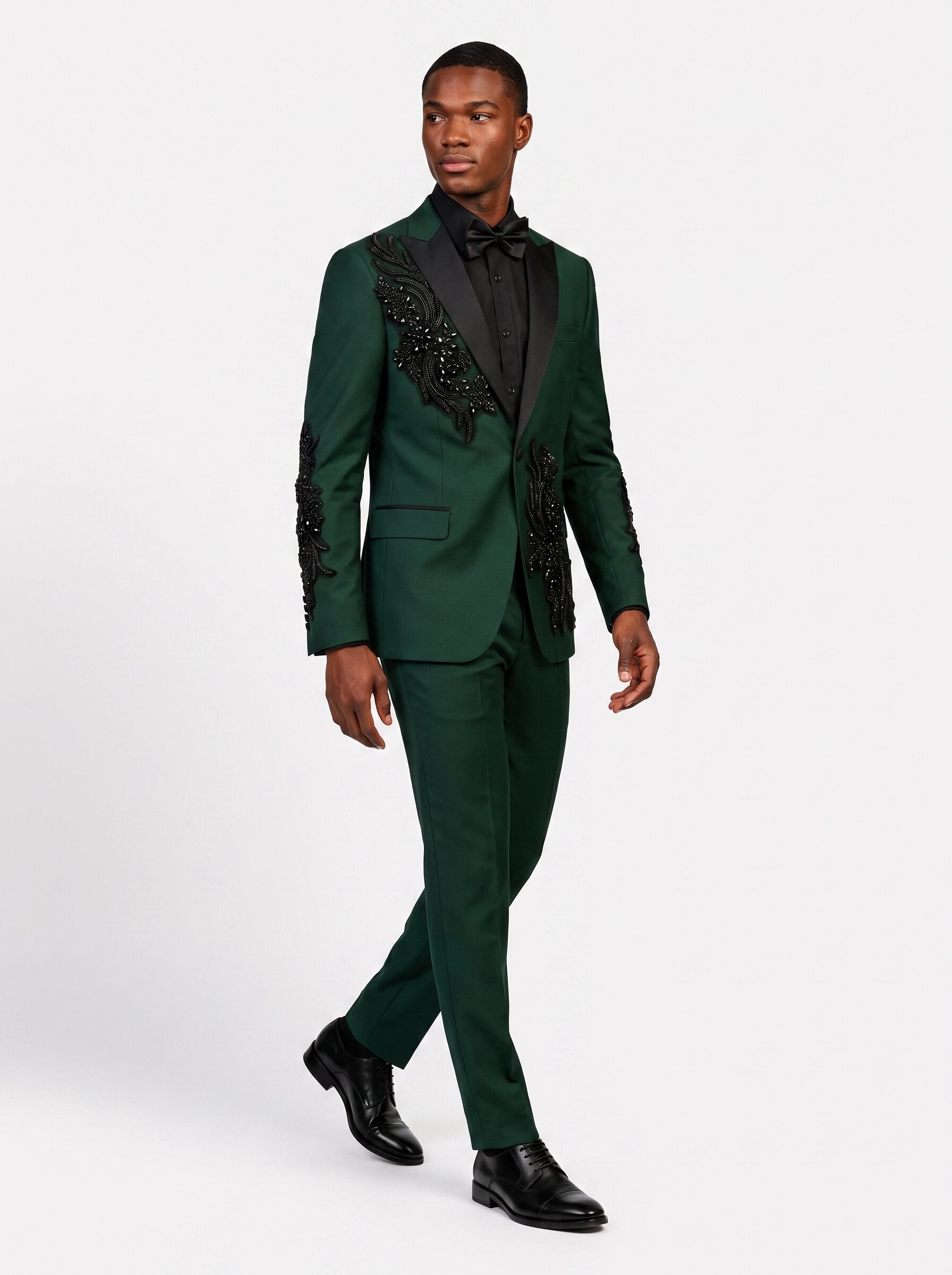 Black Rhinestone Embellished Emerald Green Suit