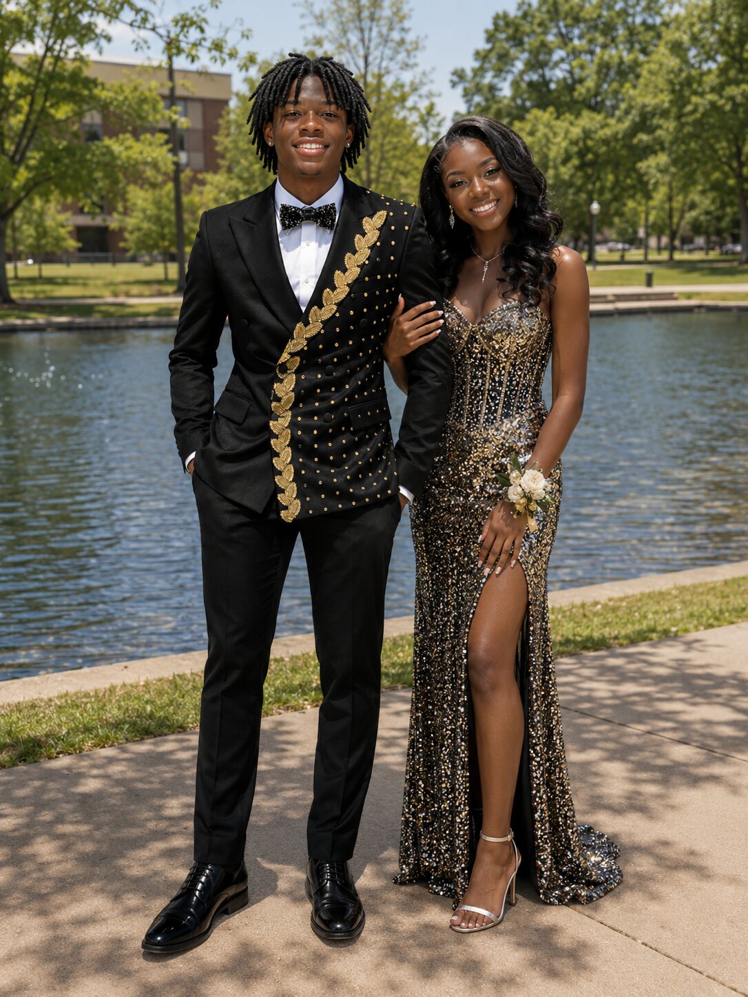 Black Gold 2 Piece Suit Beaded Prom Tuxedo