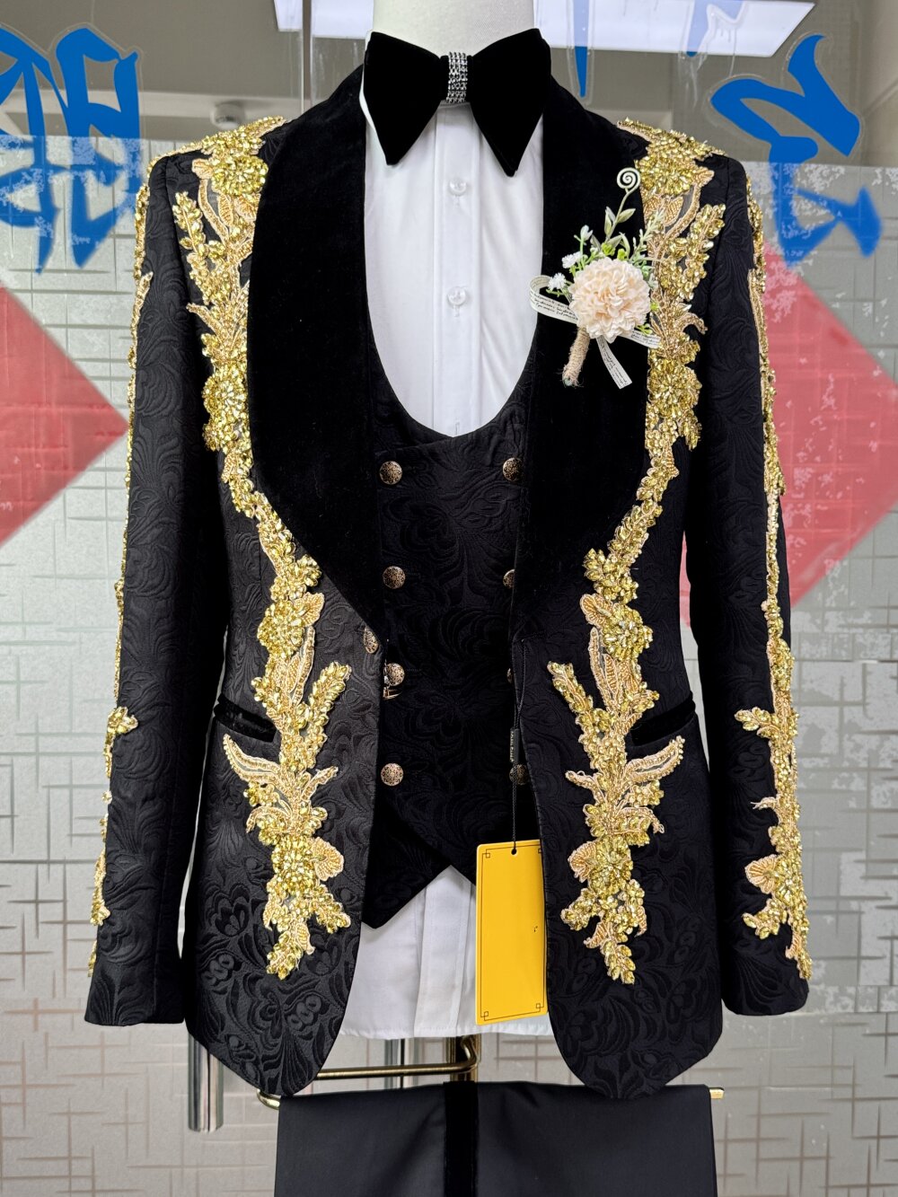 Black & Gold Paisley Rhinestone 3 Piece Tuxedo