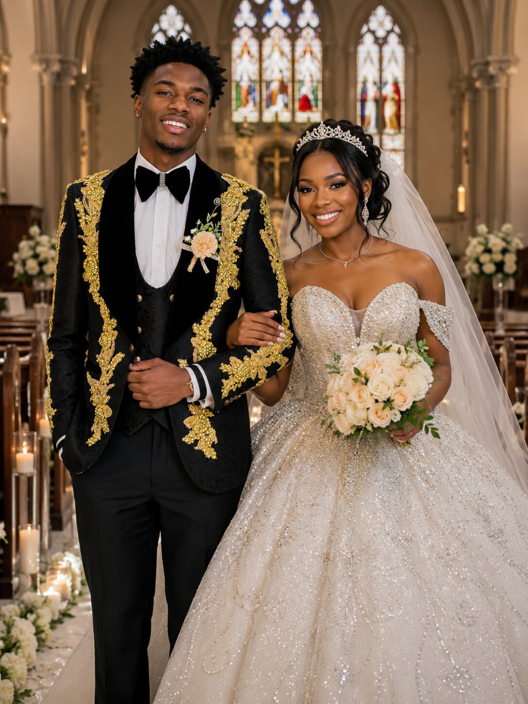 Black & Gold Paisley Rhinestone 3 Piece Tuxedo