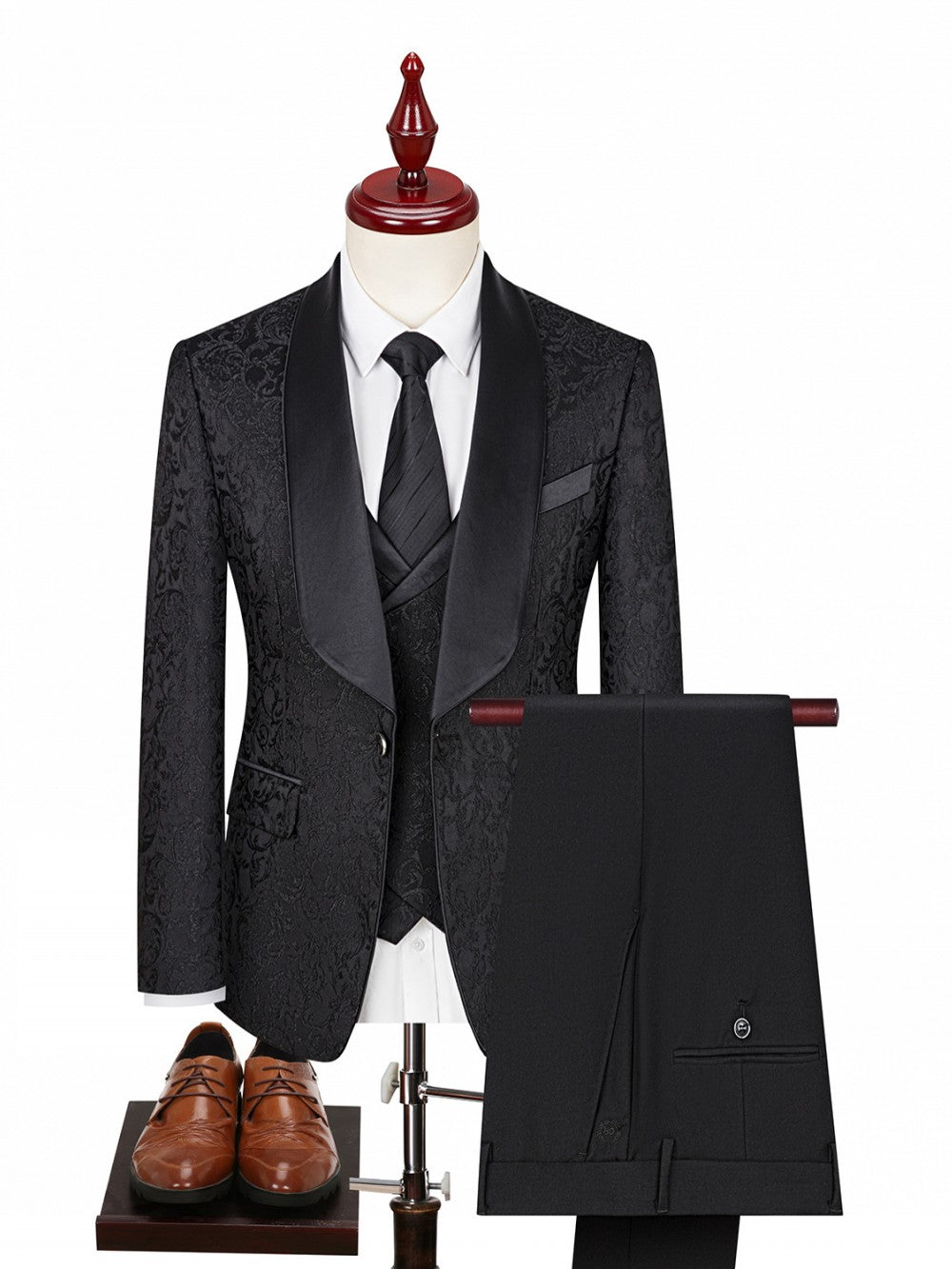 Men's 3 Piece Vintage Style Gold Damask Jacquard Suit
