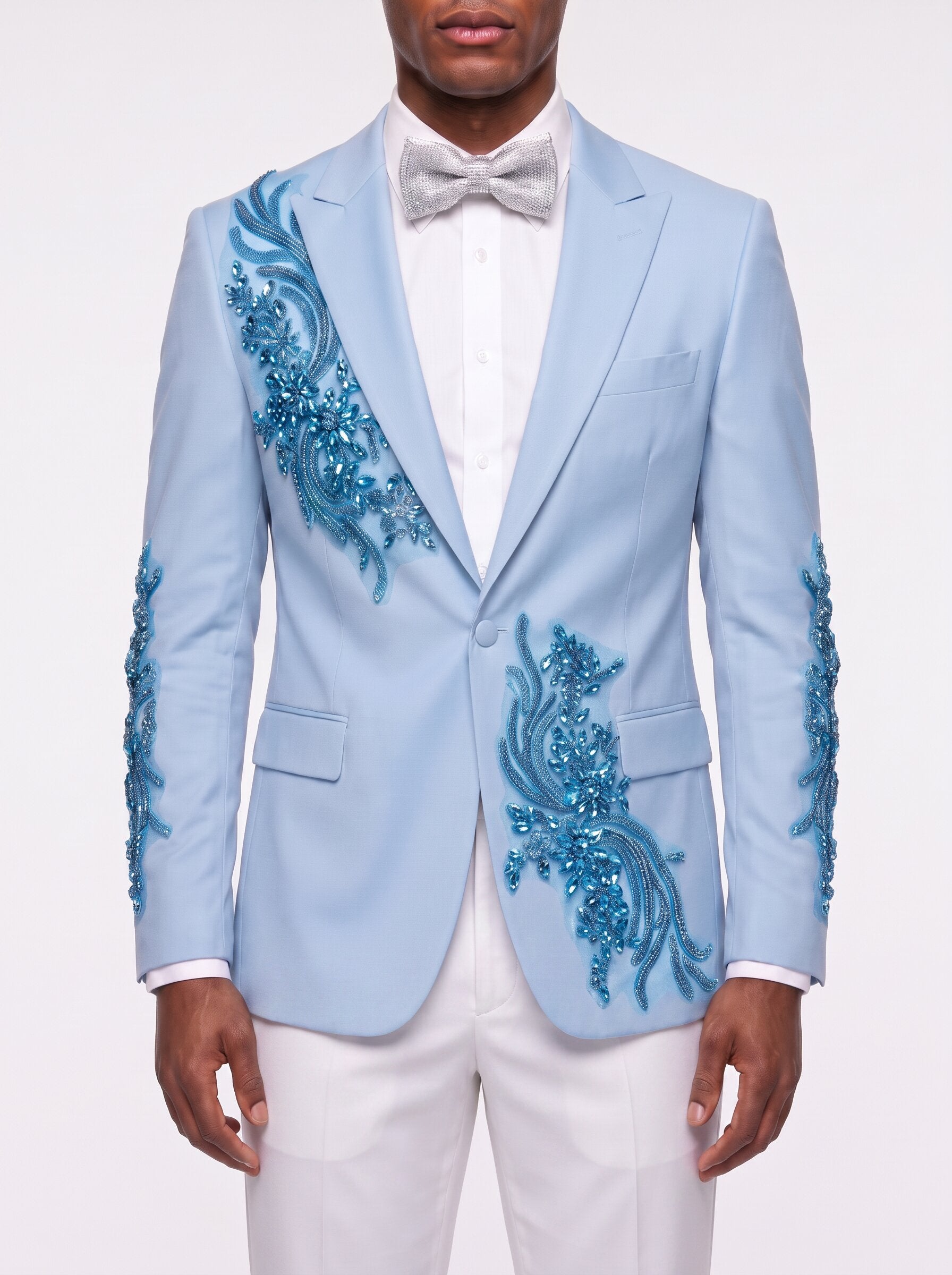 Luxury Ice Blue Rhinestone Prom Suit for Men