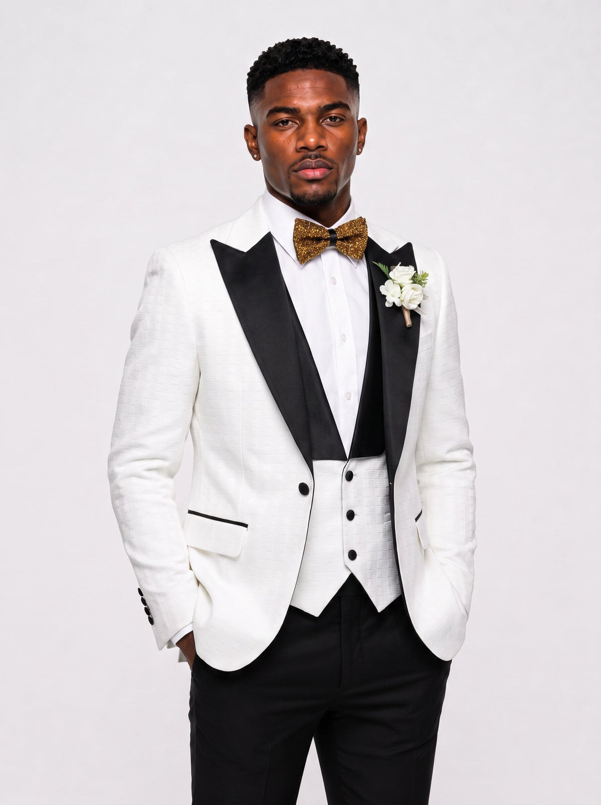 Men’s White Textured Tuxedo with Black Peak Lapel