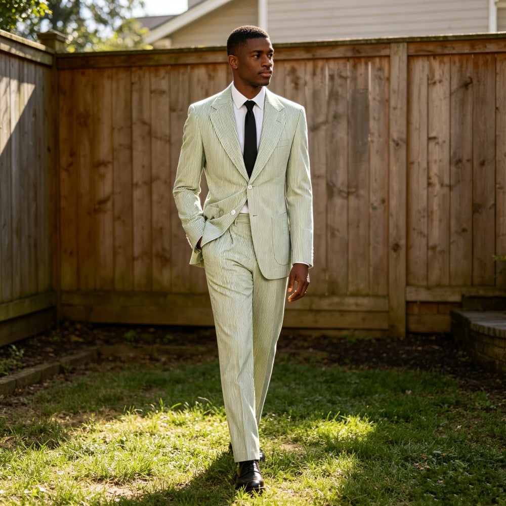 Men’s Pinstripe Seersucker Suit – Lightweight Breathable Summer Suit
