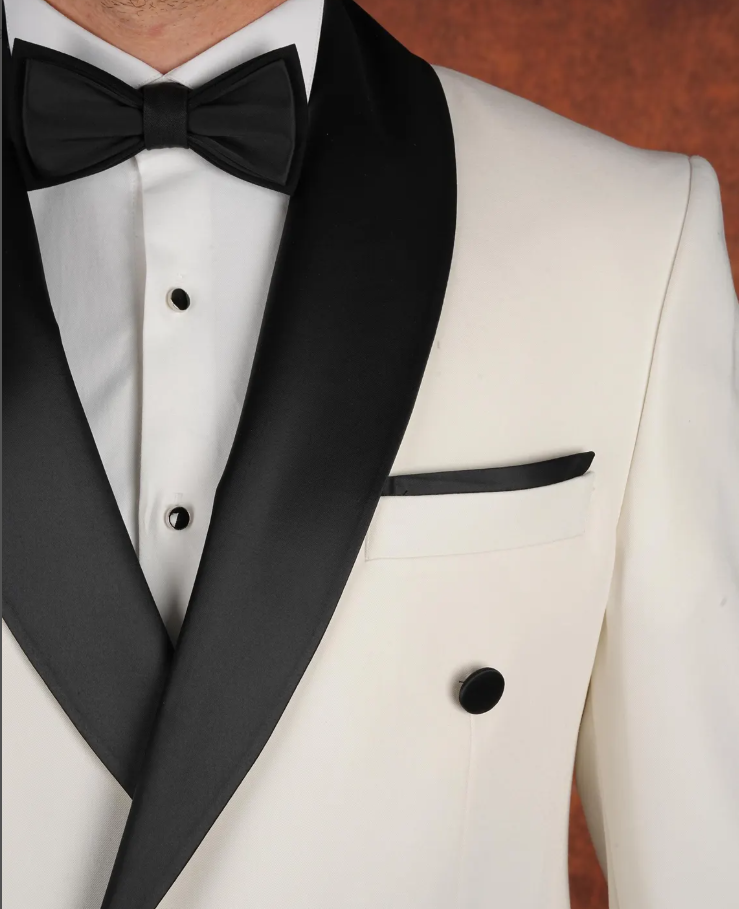 Ivory Double Breasted Tuxedo Black Satin Shawl Lapel Wedding Suit