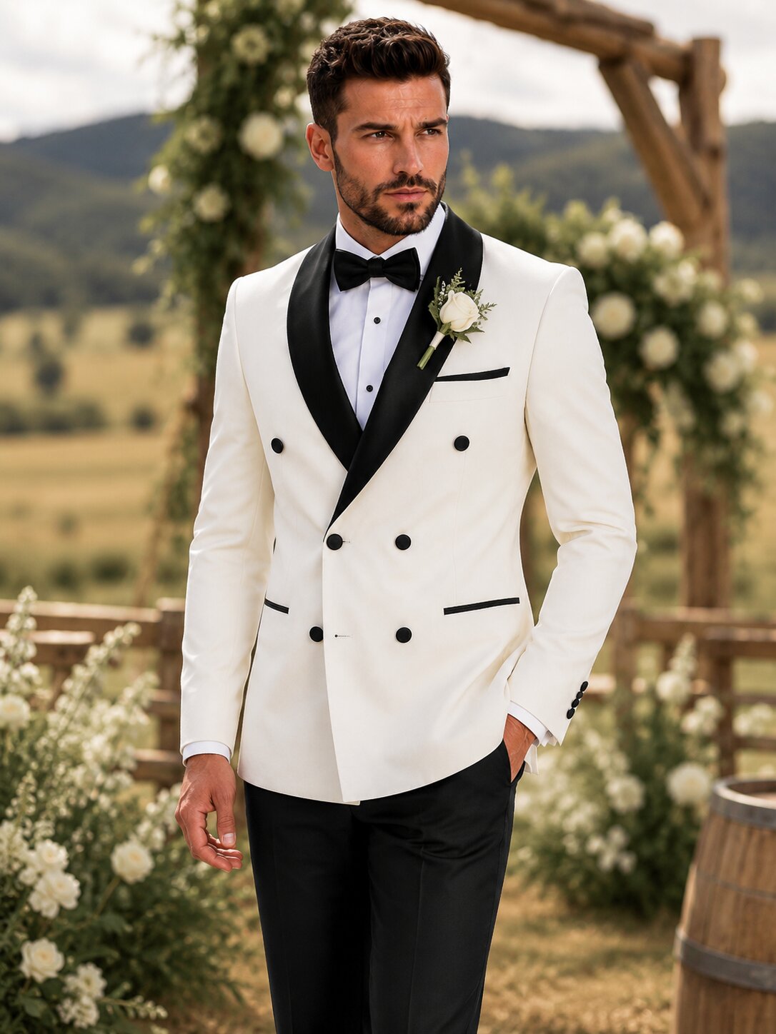 Ivory Double Breasted Tuxedo Black Satin Shawl Lapel Wedding Suit