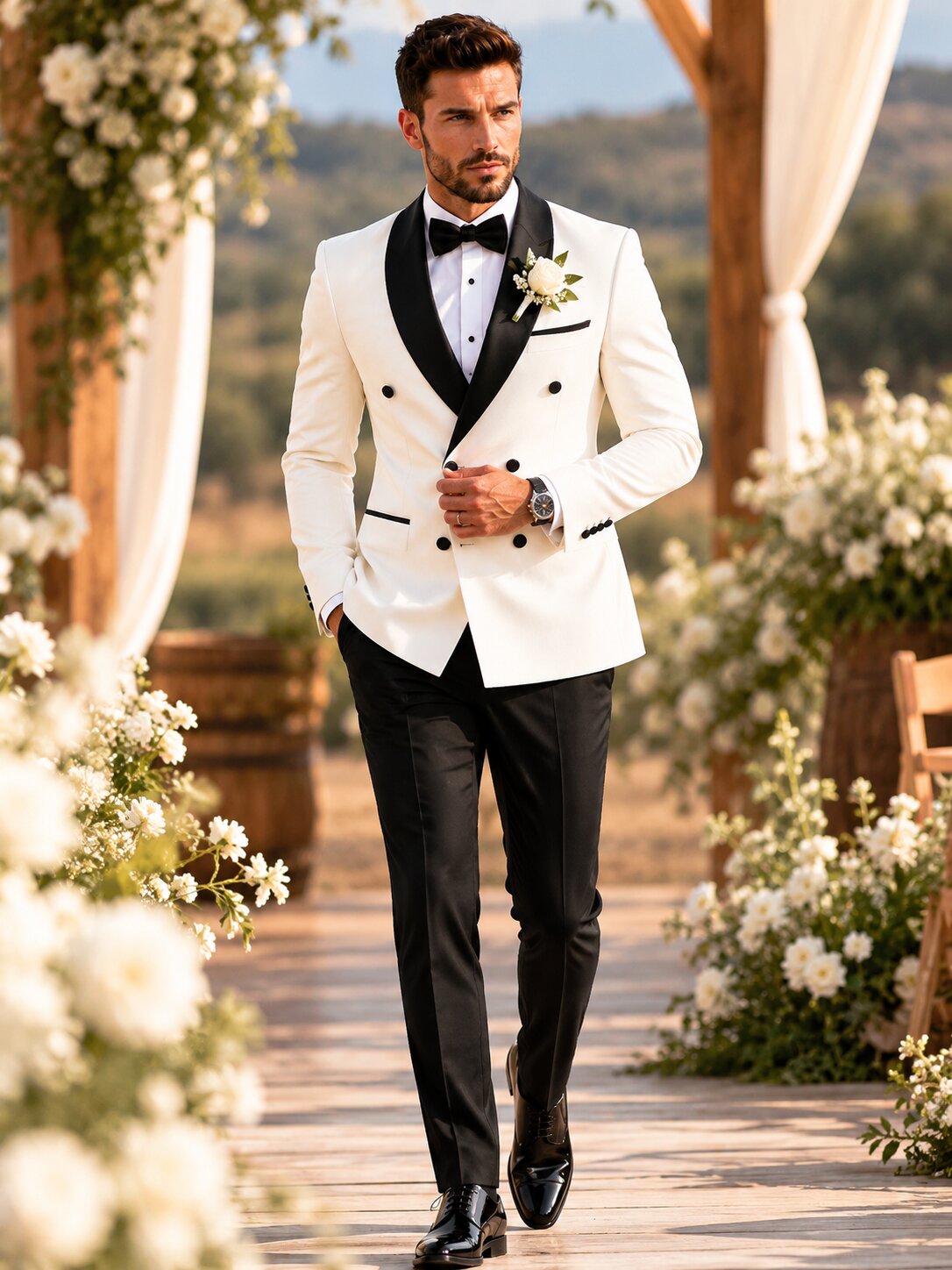Ivory Double Breasted Tuxedo Black Satin Shawl Lapel Wedding Suit