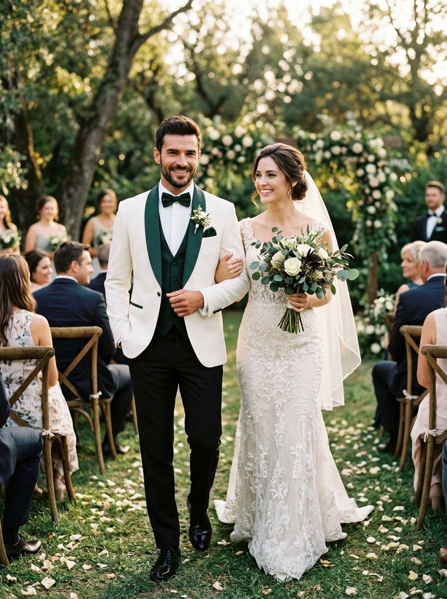 Men’s Ivory & Dark Green Shawl Lapel 3-Piece Tuxedo