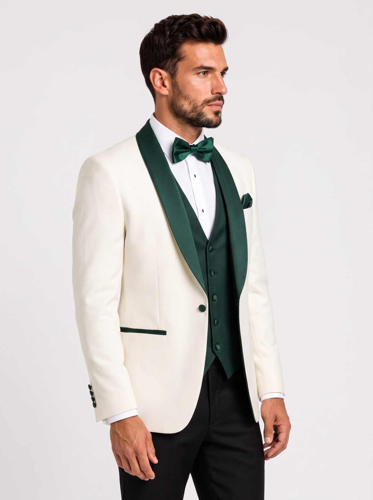 Men’s Ivory & Dark Green Shawl Lapel 3-Piece Tuxedo
