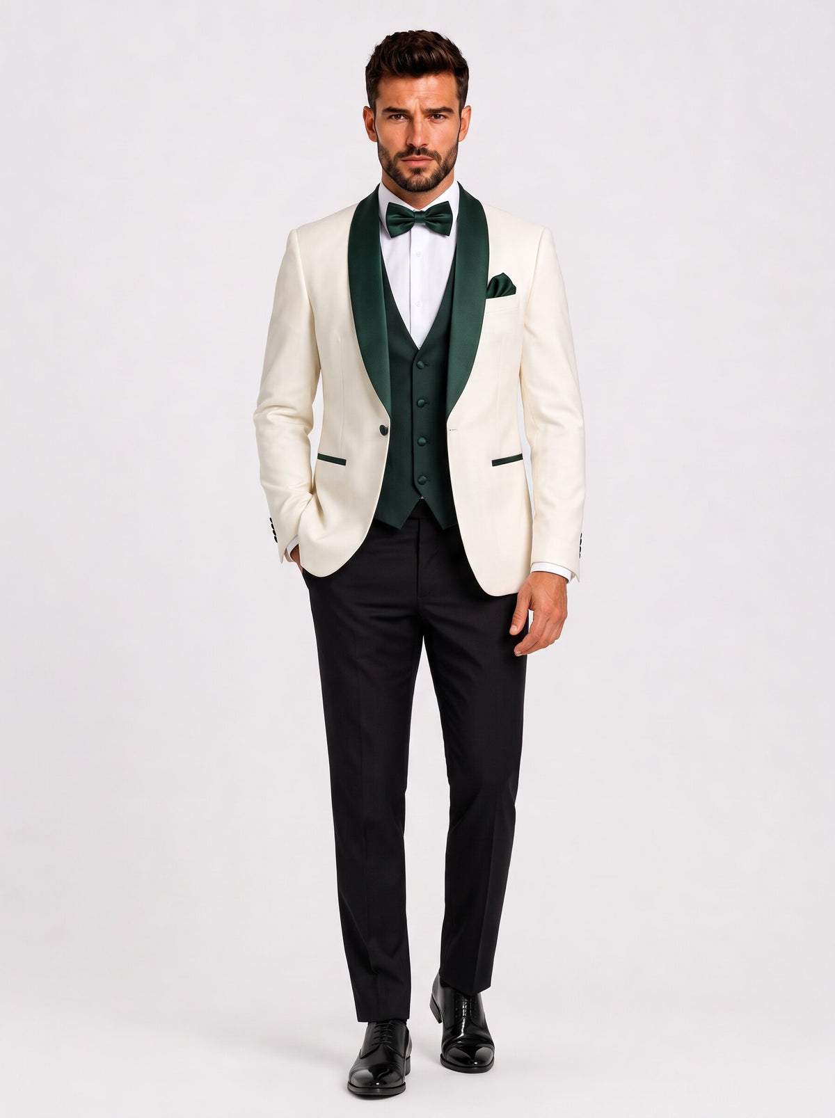 Men’s Ivory & Dark Green Shawl Lapel 3-Piece Tuxedo