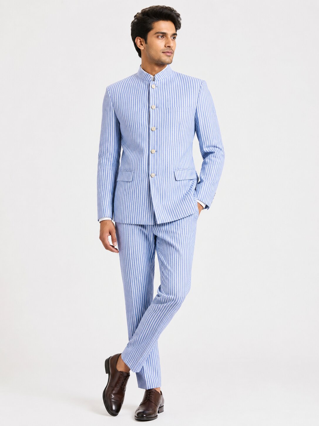 Light Blue Seersucker Nehru Suit