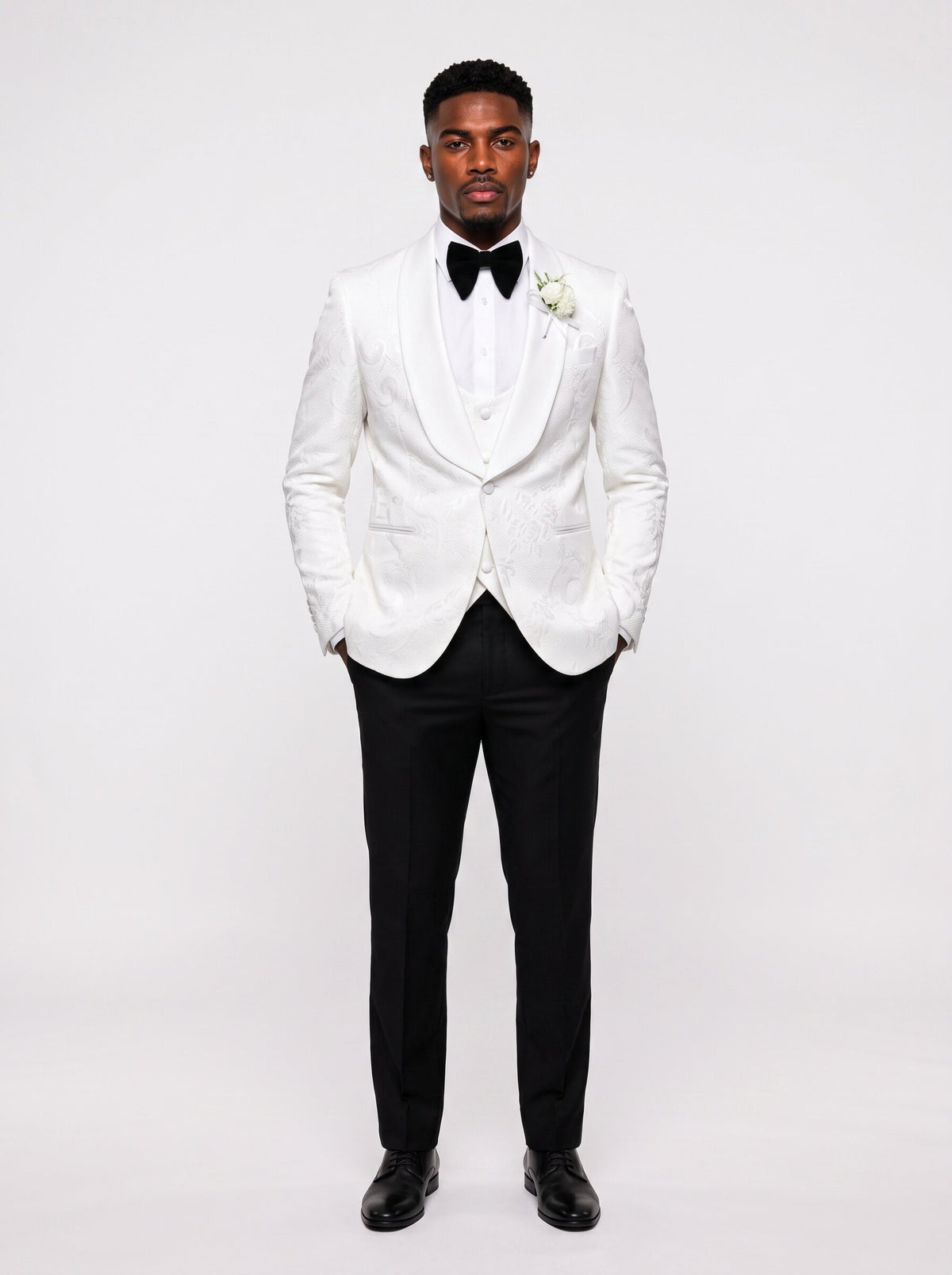 Men’s Floral Jacquard 3 Piece Tuxedo Set white