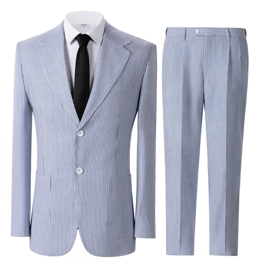 Men’s Pinstripe Seersucker Suit – Lightweight Summer Wedding Suit for Beach & Outdoor Events