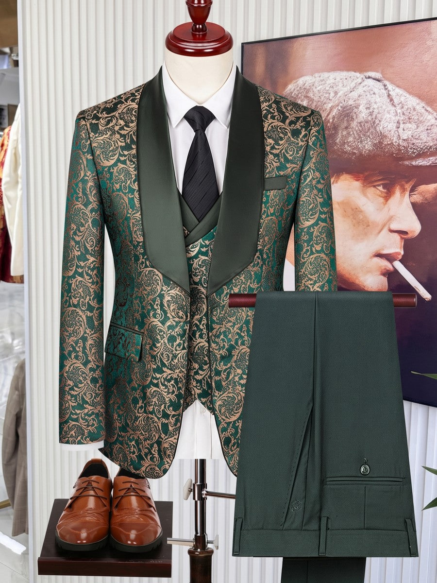 Men's 3 Piece Vintage Style Gold Damask Jacquard Suit