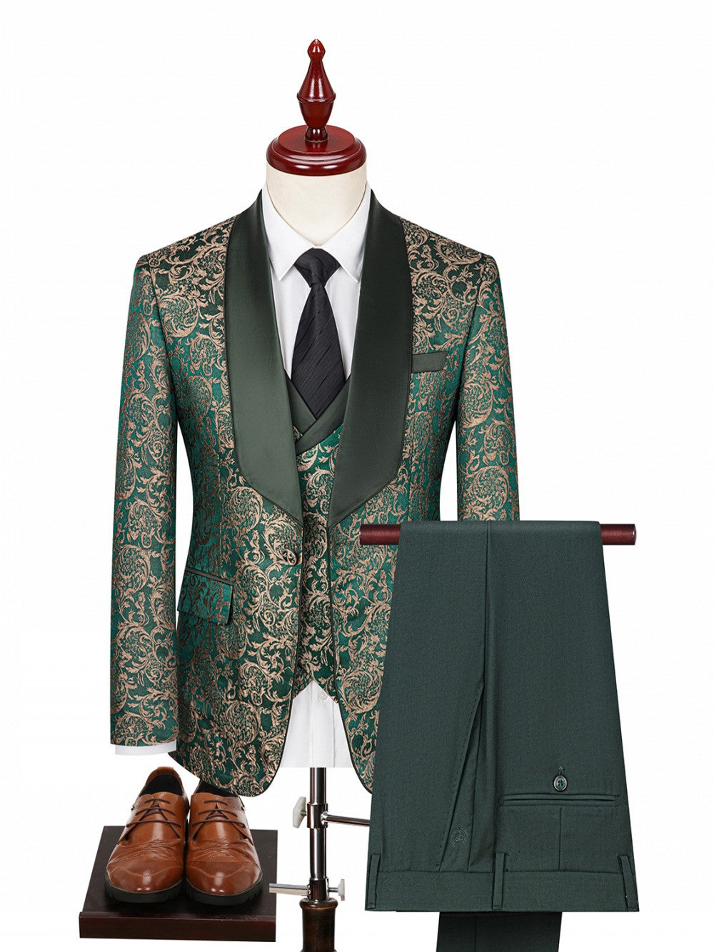 Men's 3 Piece Vintage Style Gold Damask Jacquard Suit