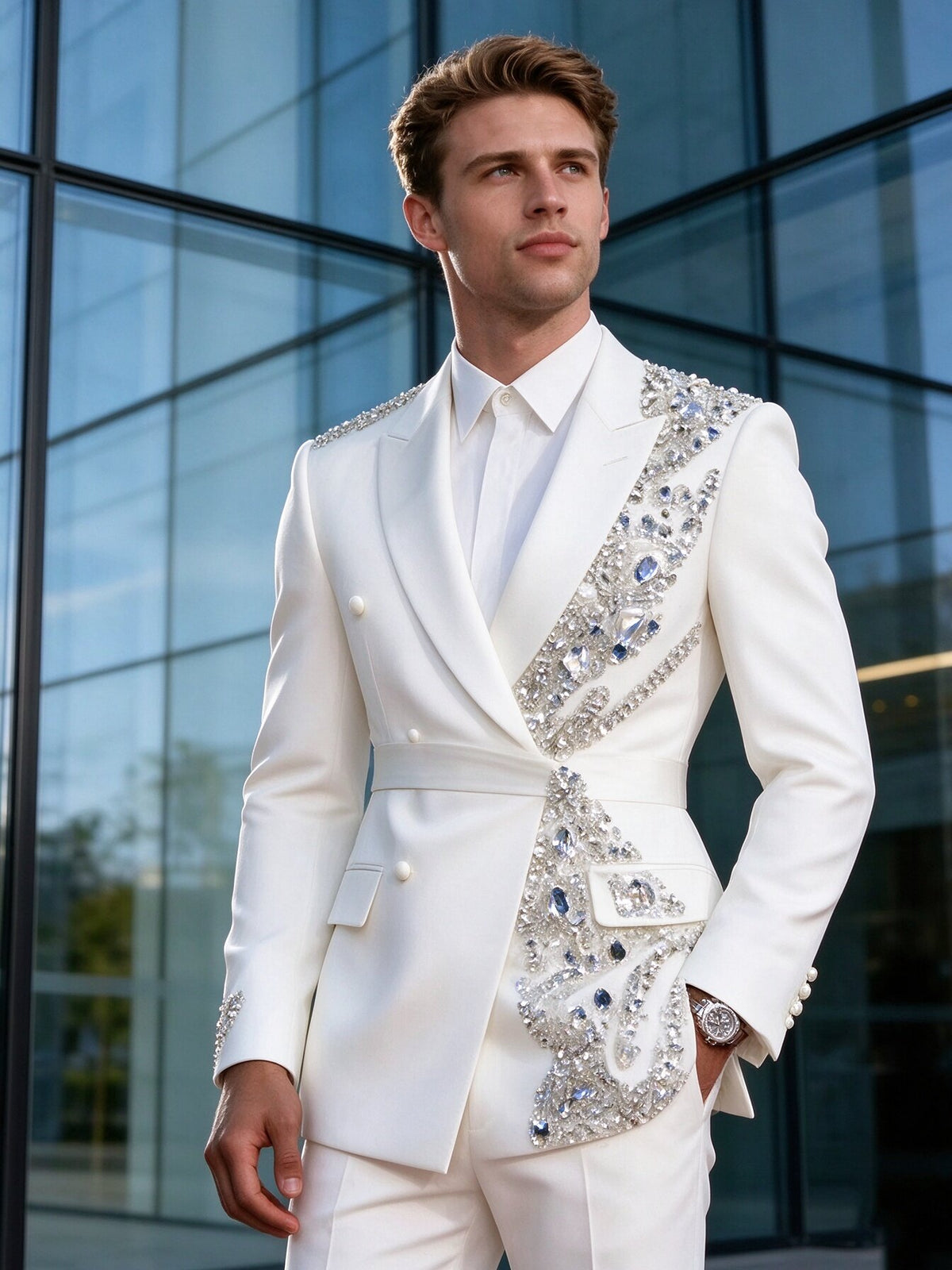 Men's 2-Piece Double Breasted Rhinestone Embellished Suit