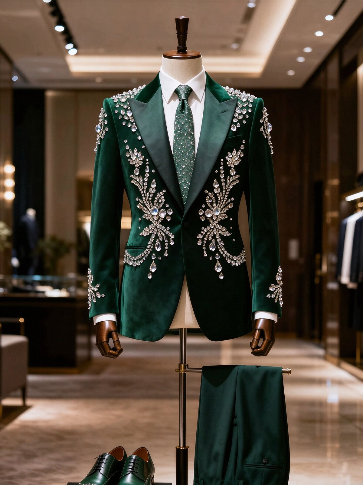 Men's Green Velvet Rhinestone Embellished Prom Wedding Suit