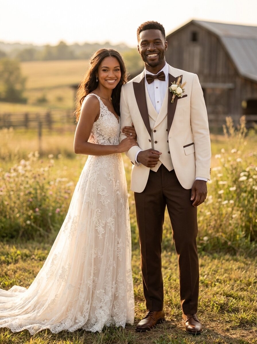 Men’s Ivory & Brown 3 Piece Fall Wedding Tuxedo