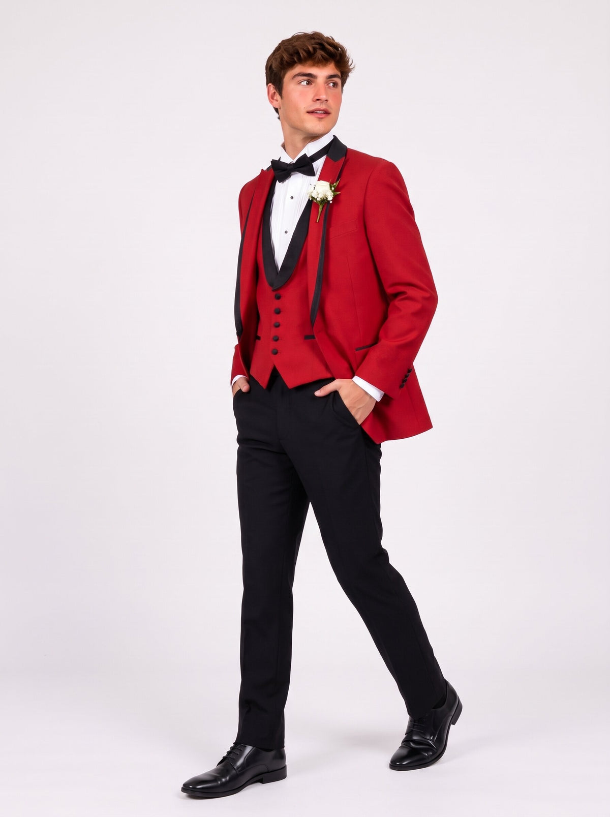 Men’s Red & Black Peak Lapel 3-Piece Prom Tuxedo