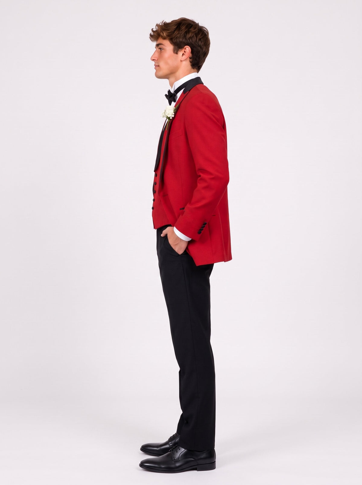 Men’s Red & Black Peak Lapel 3-Piece Prom Tuxedo