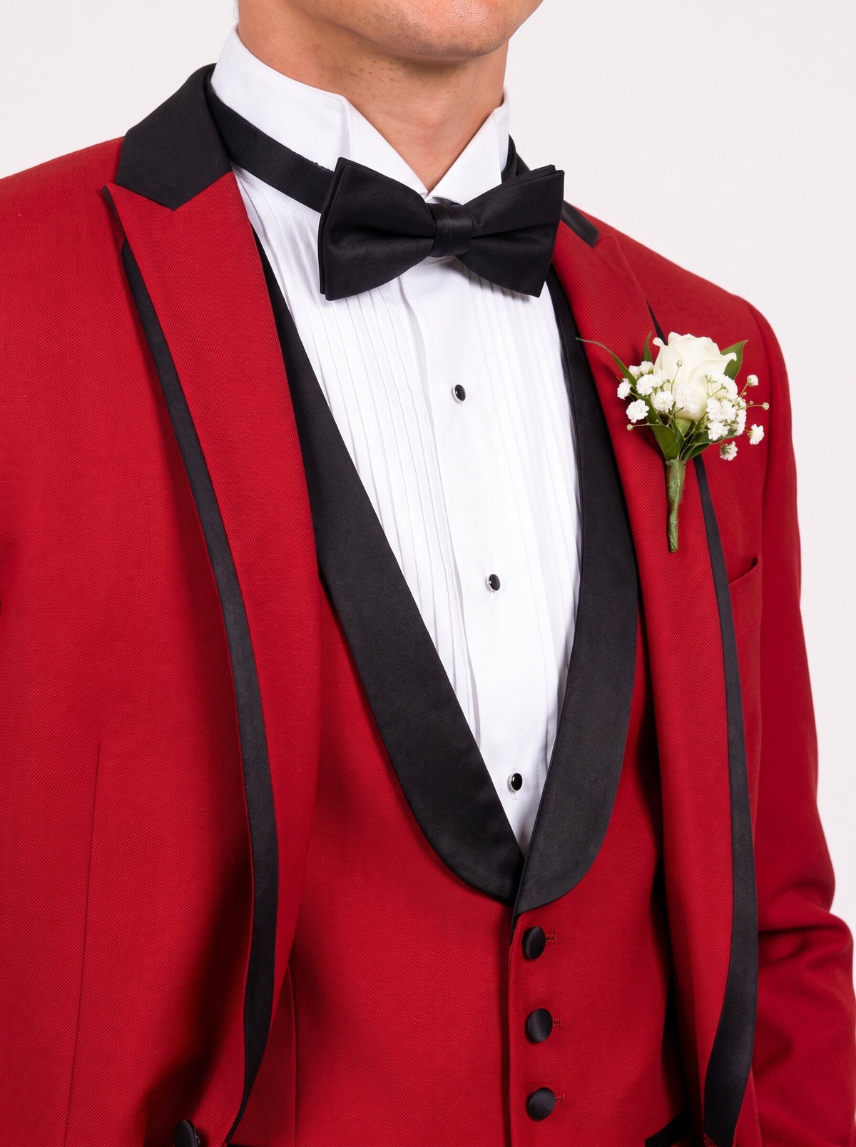 Men’s Red & Black Peak Lapel 3-Piece Prom Tuxedo