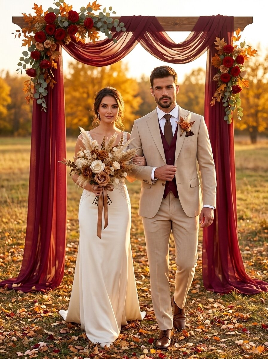 Men’s Beige & Burgundy 3-Piece Wedding Suit