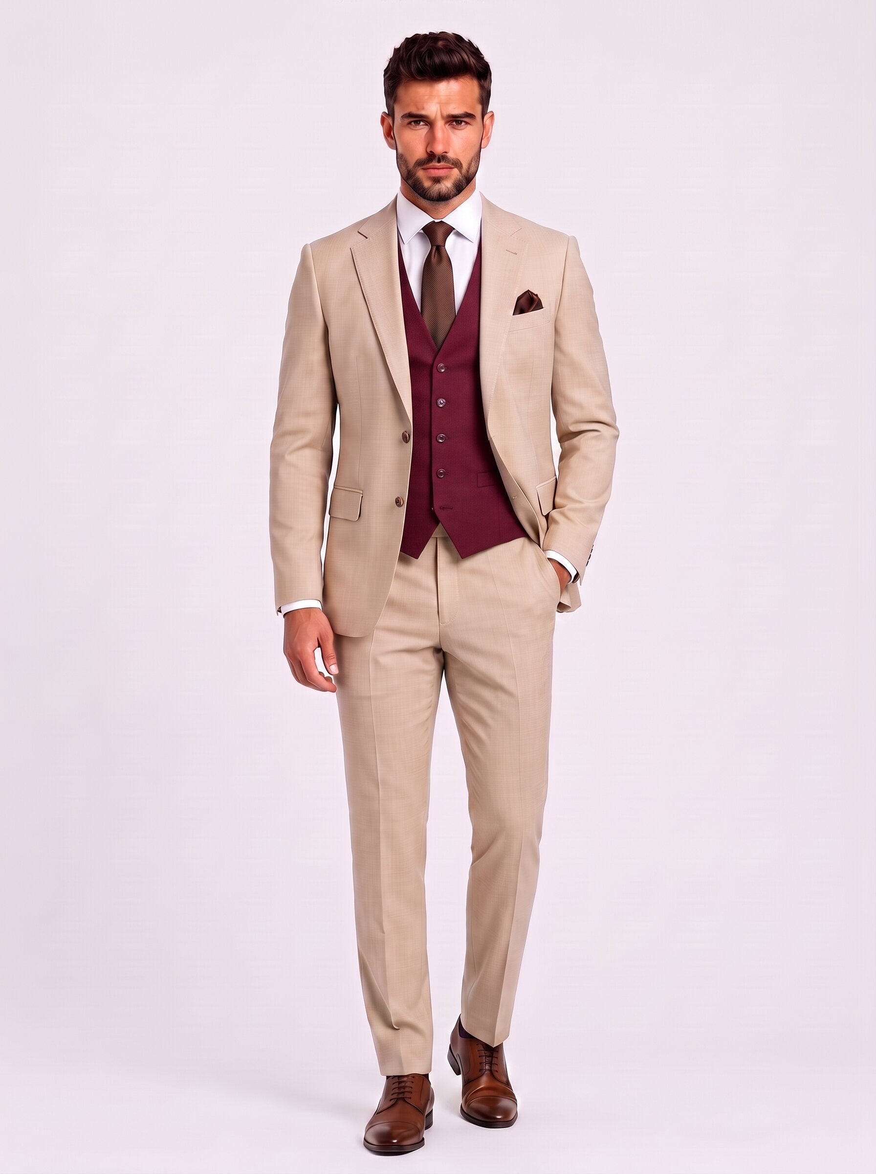 Men’s Beige & Burgundy 3-Piece Wedding Suit