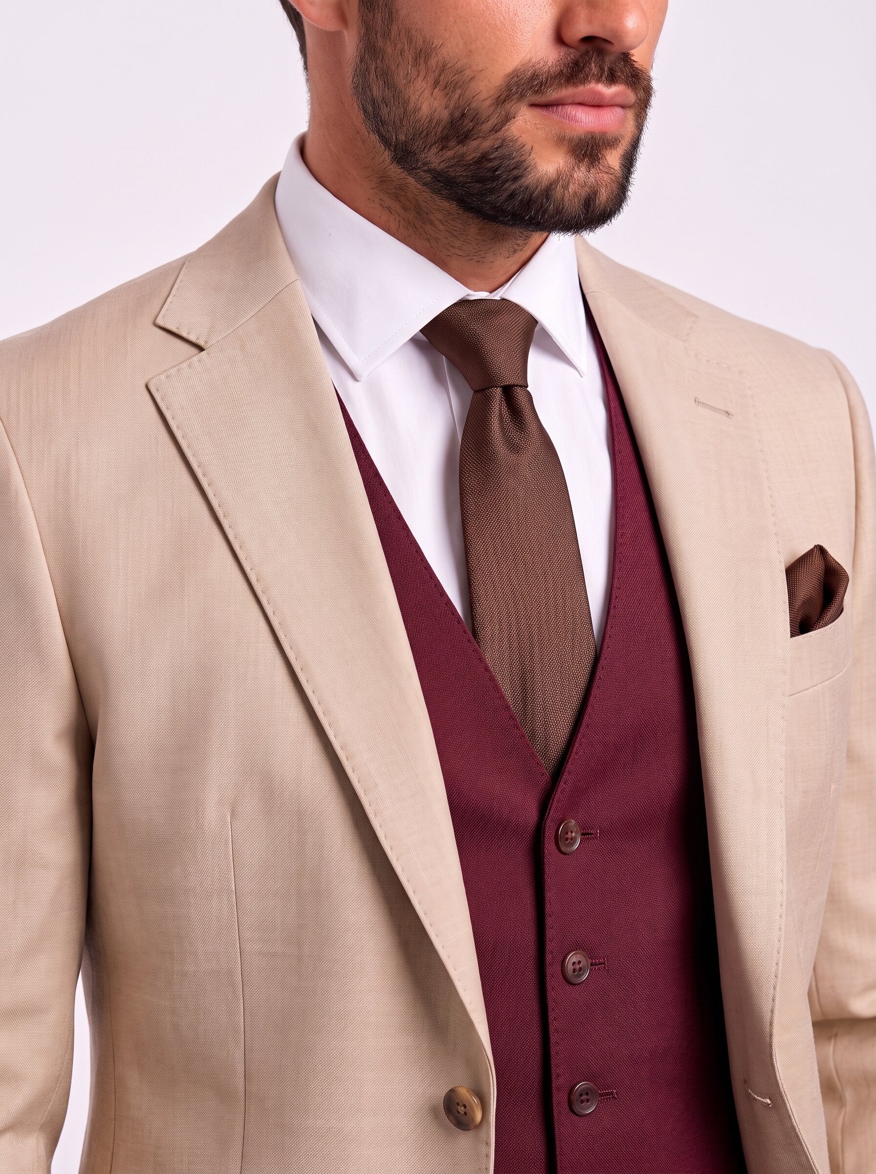 Men’s Beige & Burgundy 3-Piece Wedding Suit