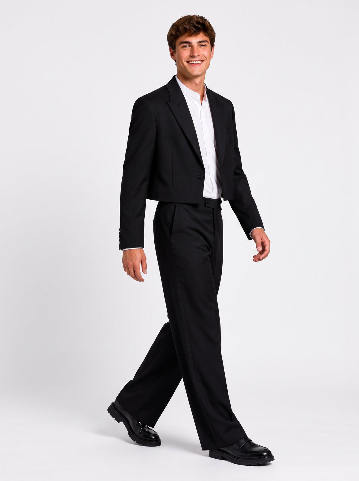 Men’s Black 2-Piece Suit with Cropped Blazer & Wide-Leg Trousers