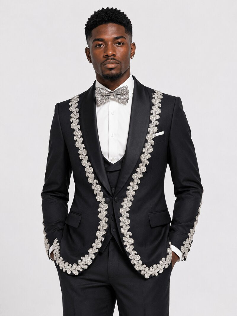 Men’s Black Beaded Appliques Tuxedo 3 Piece