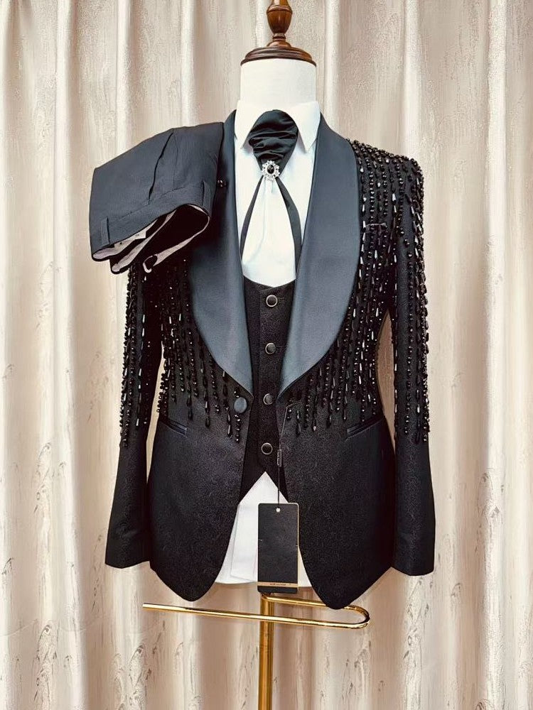 Men's Black Beaded Fringe 3 Piece Tuxedo
