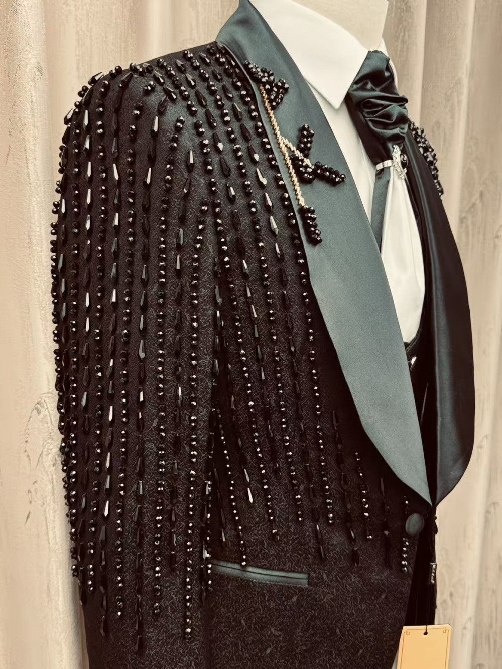 Men's Black Beaded Fringe 3 Piece Tuxedo