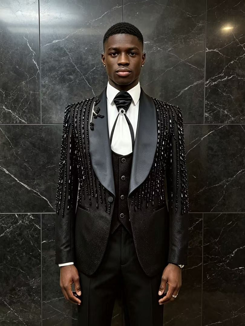 Men's Black Beaded Fringe 3 Piece Tuxedo