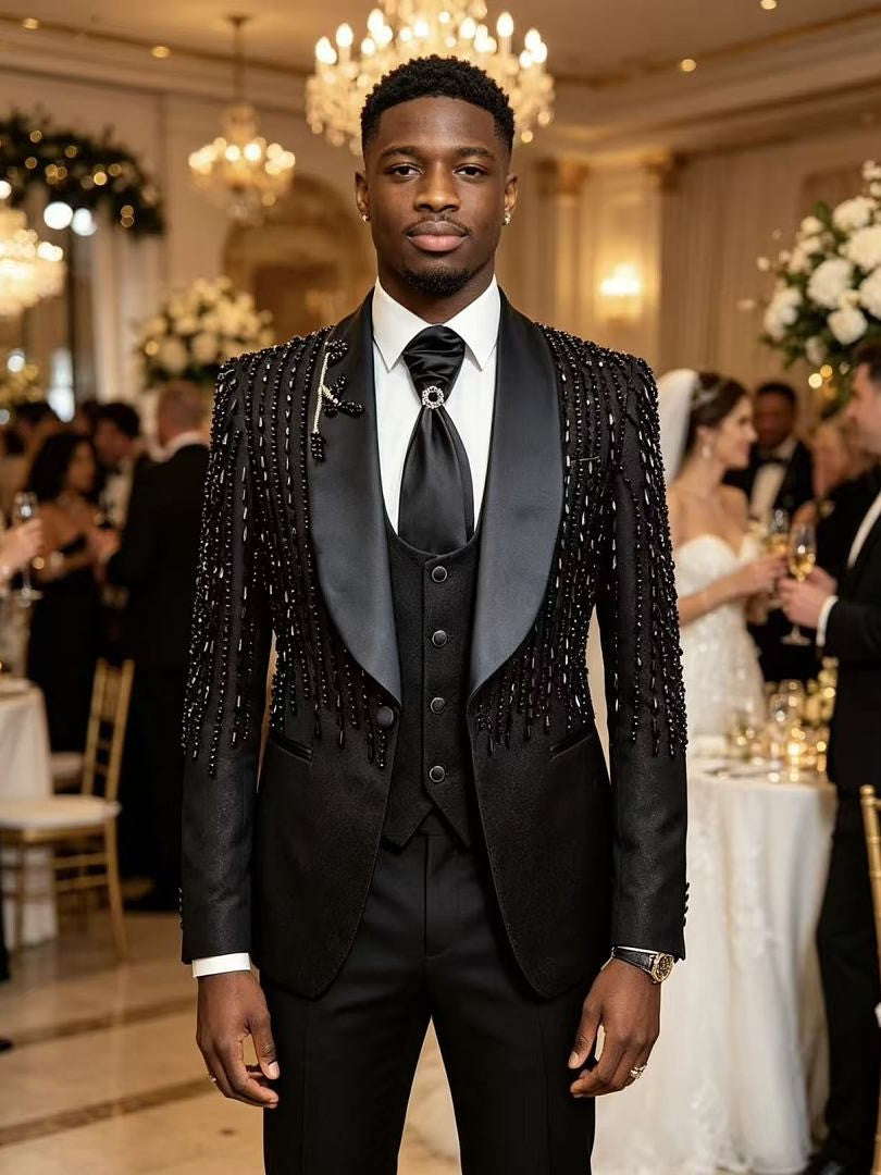 Men's Black Beaded Fringe 3 Piece Tuxedo