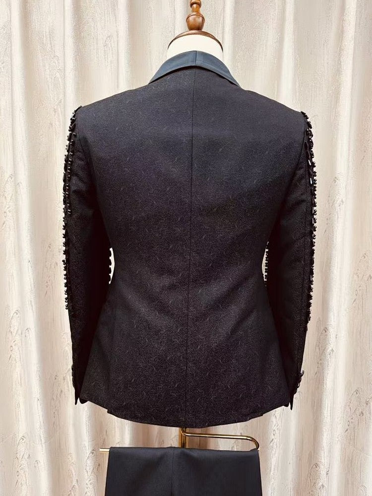 Men's Black Beaded Fringe 3 Piece Tuxedo