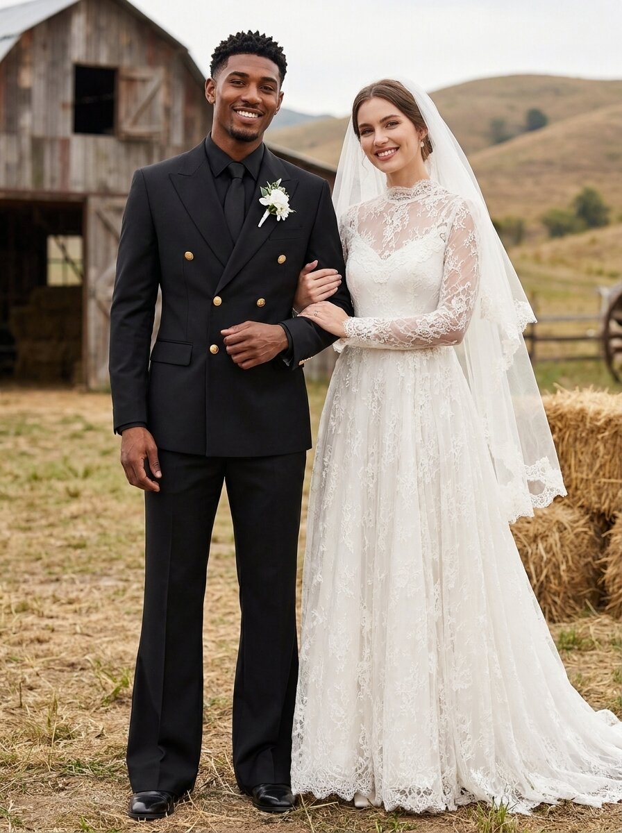 Men’s Black Double-Breasted 2-Piece Suit with Gold Buttons & Flared Trousers
