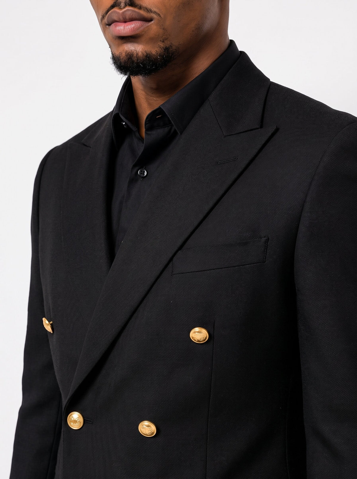Men’s Black Double-Breasted 2-Piece Suit with Gold Buttons & Flared Trousers