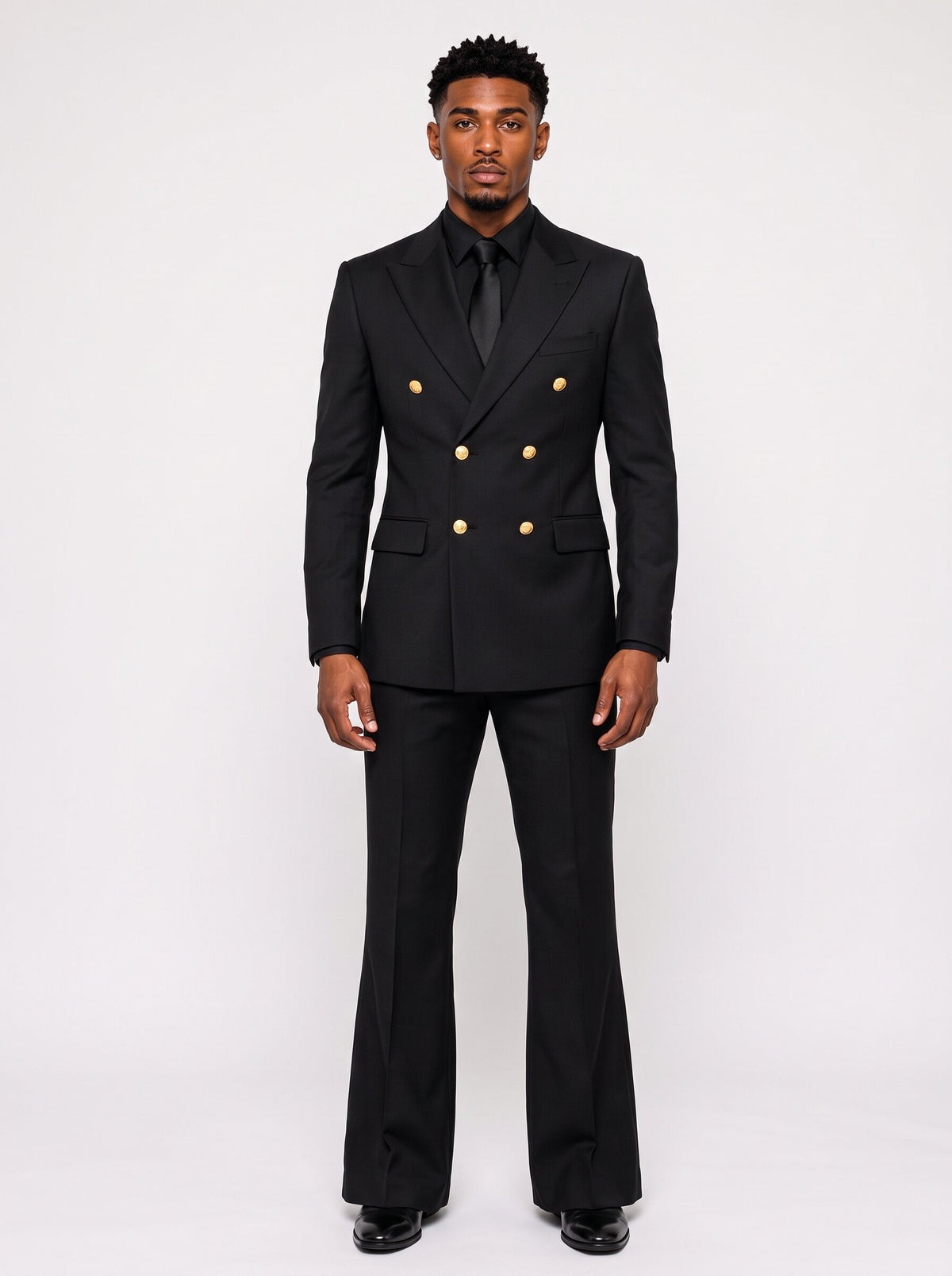 Men’s Black Double-Breasted 2-Piece Suit with Gold Buttons & Flared Trousers