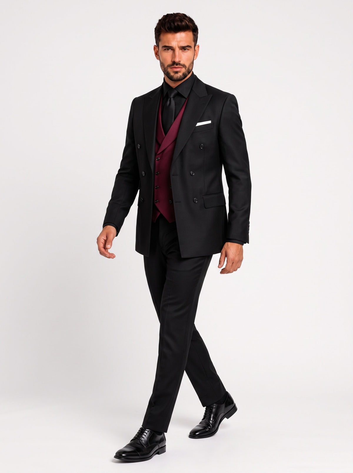 Men’s Black Double-Breasted 3-Piece Suit with Burgundy Vest