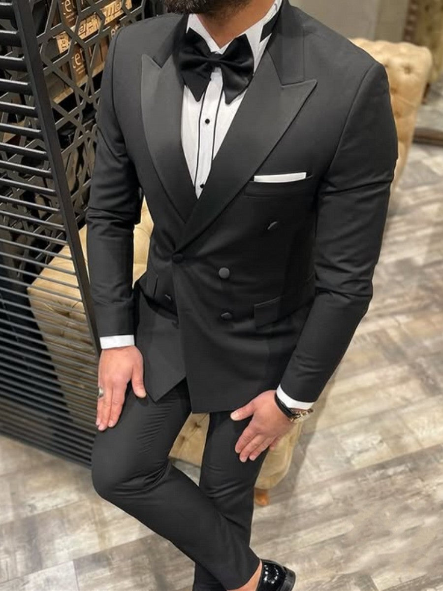 Men's Black Double-Breasted Peak Lapel Tuxedo