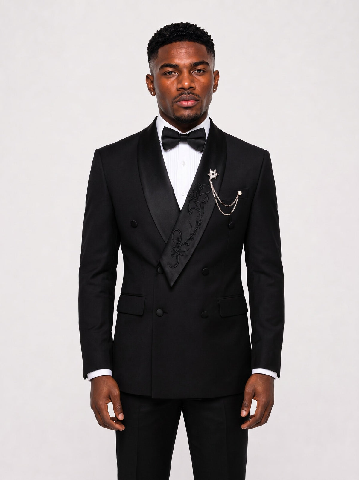 Men’s Black Double-Breasted Tuxedo with Embroidered Satin Shawl Lapel