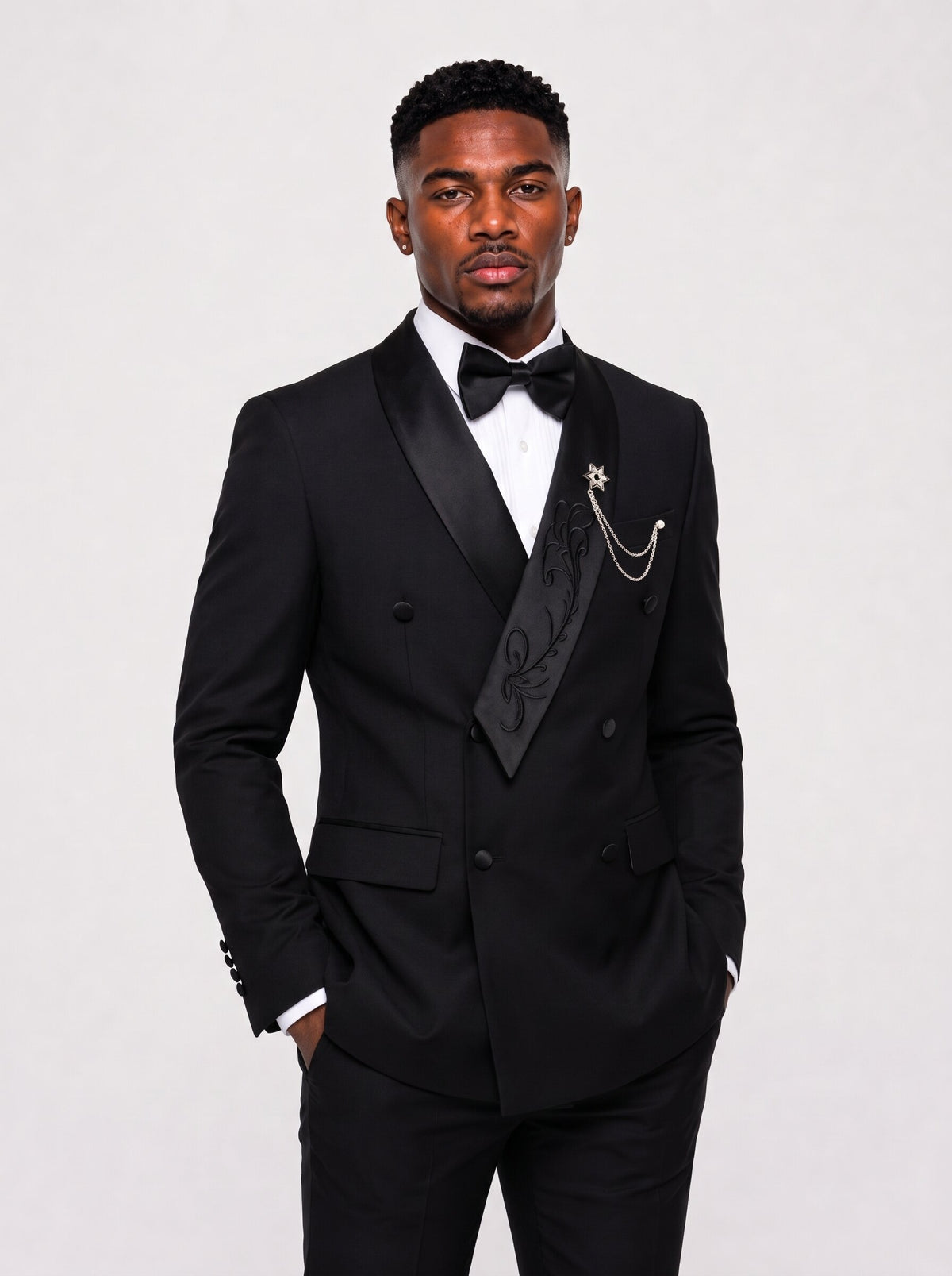 Men’s Black Double-Breasted Tuxedo with Embroidered Satin Shawl Lapel