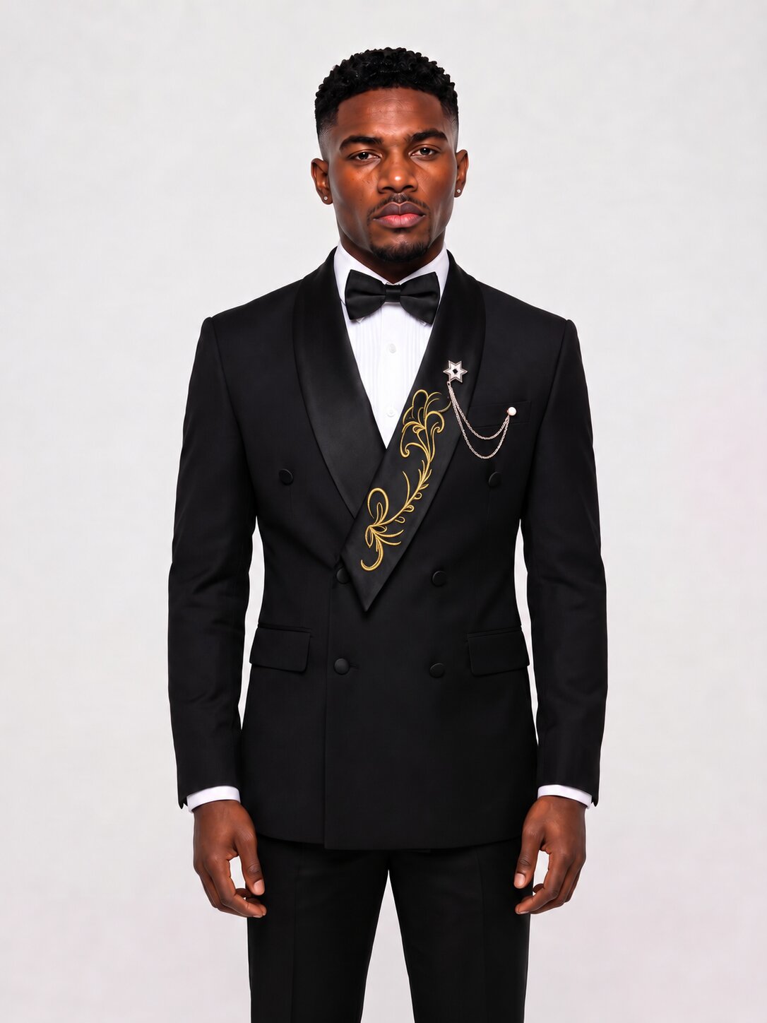 Men’s Black Double-Breasted Tuxedo with Embroidered Satin Shawl Lapel